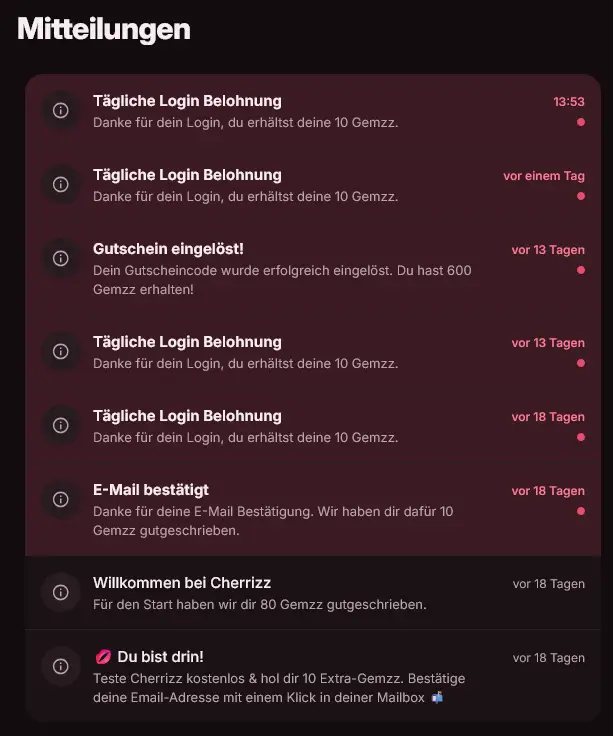 Mitteilungen bei cherrizz